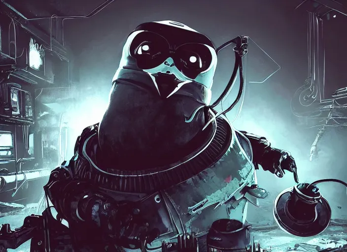 Image similar to cyber penguin in fallout 4, claws, horror scene, artgerm, rutkowski, tooth wu, beeple, and intricate