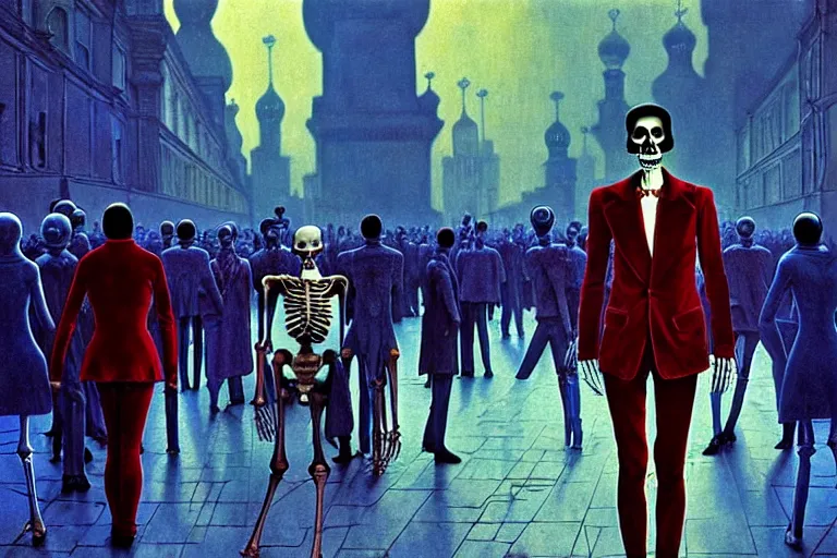 Image similar to realistic detailed photorealistic film portrait shot of a single skeleton wearing crimson velvet blazer in a crowded futuristic moscow street by Denis Villeneuve, Amano, Yves Tanguy, Alphonse Mucha, Ernst Haeckel, Andrei Tarkovsky, Edward Robert Hughes, Roger Dean, rich moody colours, wide angle, blue eyes