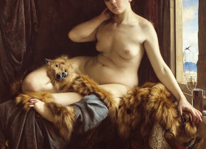 Prompt: an exhausted hyena girl in her studio with a bottle of whisky, fluffy, furry pelt, furry body. highly detailed painting by edgar maxence and caravaggio and michael whelan and delacroix style, artistic, intricate drawing, cinematic lighting, hyper realistic, extremely detailed, establishing shot, 8 k resolution, dramatic lighting