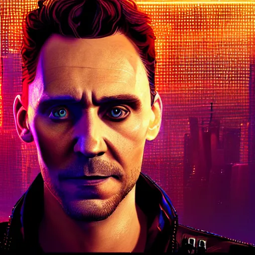 Image similar to tom hiddleston portrait, Cyberpunk 2077, cyberpsycho, photorealistic, ultra detailed, neon, octane, bokeh, cyber, cyberpunk city, feature, scars, cyberface, 8k