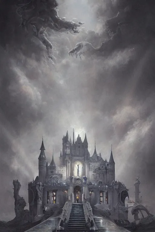 Prompt: By Tom Bagshaw and Boris Vallejo, ultra realist soft painting of a castle court by night, centered female princess fully dressed, horror, omnious sky, symmetry accurate features, very intricate details, fading rainbow light, black and white, volumetric light clouds, artstation, 8K