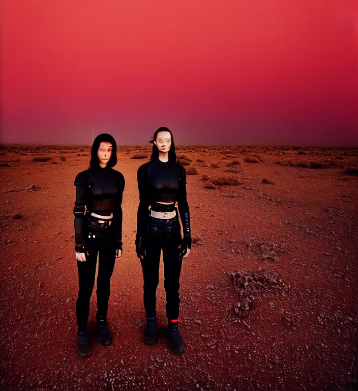 Prompt: cinestill 5 0 d 3 5 mm photographic portrait of two loving female androids wearing rugged black techwear on a desolate plain with a red sky, lizard on ground, cyberpunk style, a brutalist dark metal facility close in background, dust storm, 8 k, high resolution, f / 3. 2, ultra realistic faces