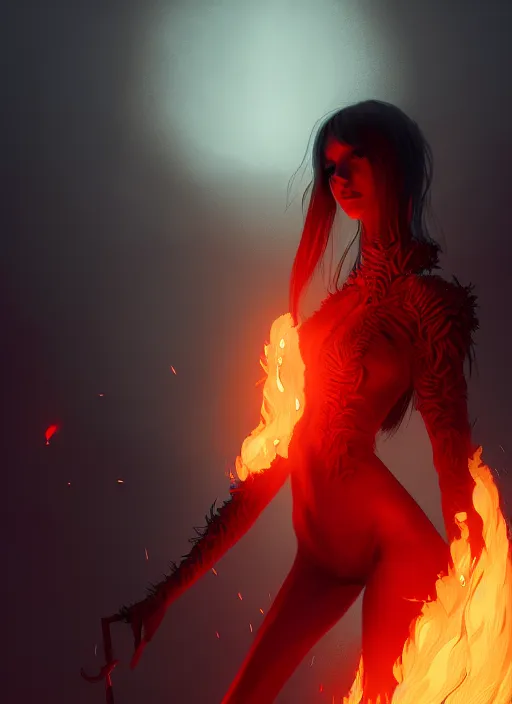 Image similar to satan daughter, wearing, outfit, clothes, full body, fire, hell, lightning, pyromancer, intricate, elegant, highly detailed, digital painting, artstation, concept art, smooth, sharp focus, illustration, ethereal, misty, by ilya kuvshinov and jeremy mann, 8 k, octane render