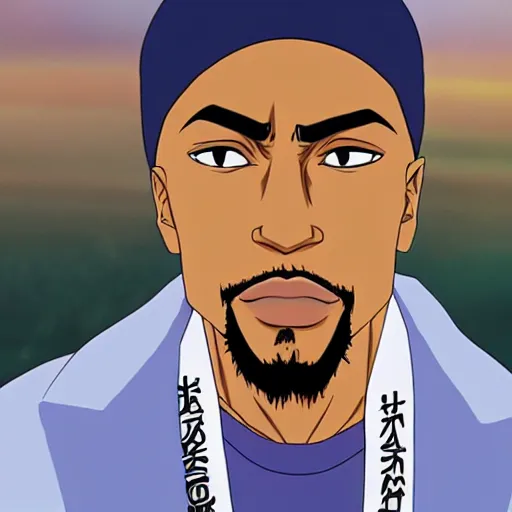 Image similar to Tupac Shakur, screenshot from a 2012s anime