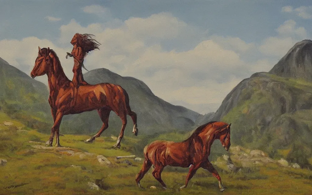 Image similar to a painting of a crazy horse during a heatwave in norway countryside, oil on canvas, by constantin hansen