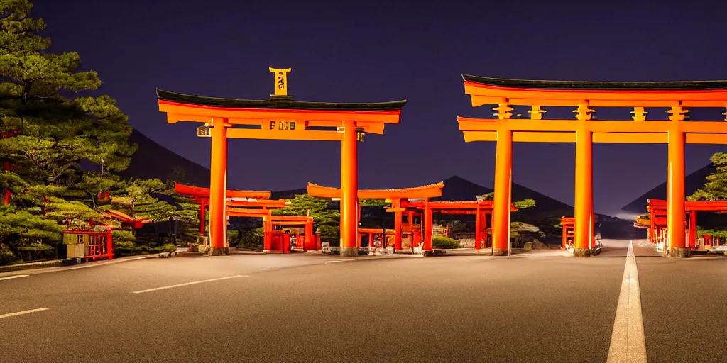 Prompt: A night photo of a american yellow school bus entering a Red Japanese Torii gate at Mount Fuji location in Japan, time travel, 4K, global illumination, ray tracing