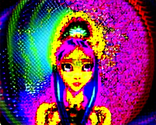 Prompt: a colorful deocra cybergoth religious art of a pixiv anime girl crt maximalism, a hologram by penny patricia poppycock, pixabay contest winner, holography, irridescent, photoillustration, vaporwave