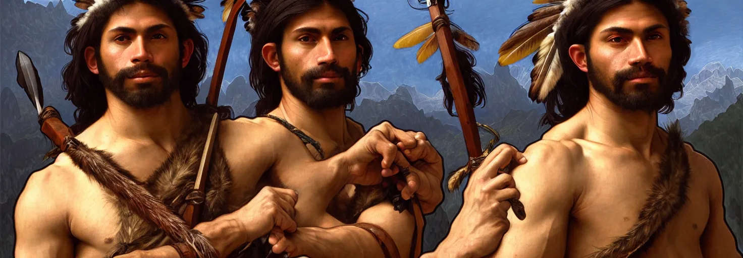 Image similar to renaissance upper body portrait of a gruff ranger with a spear, American Indian Native American Indigenous, lean and toned, handsome face, hairy chest, D&D, intricate, elegant, highly detailed, digital painting, artstation, concept art, matte, sharp focus, illustration, art by da Vinci, Artgerm and Greg Rutkowski and Alphonse Mucha