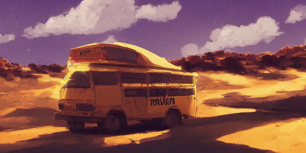 Prompt: an israeli bus driving in the negev, noon, sunlights, wide shot, digital art, ghibli style, vivid colors, flat colors, trending on artstation, high quality