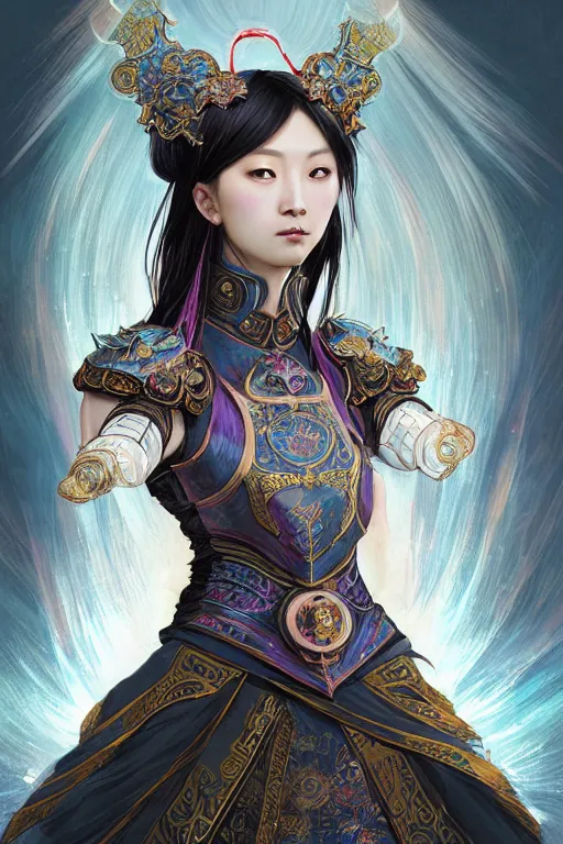 Image similar to beautiful and divine and holy and elite and colorlpunk three kingdom chinese female armor knight portrait like twice tzuyu+shinnyy eyes+front face with light flowing hair, ultradetail face, art and illustration by tian zi and craig mullins and WLOP and alphonse mucha, fantasy, intricate complexity, human structure, human anatomy, fantasy character concept, watermark, blurry, hyperrealism 8k