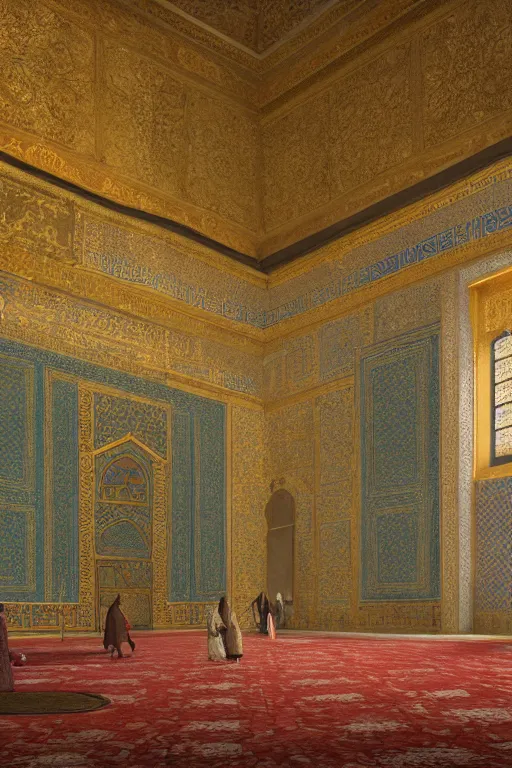 Image similar to a detailed painting of the interior of the Topkapi Palace in Ottoman Empire with people. By Robert Bechtle, Paul Kratter, Geri Keary, Simon Stålenhag. Digital art, CGSociety, Octane. Trending on ArtStation, 8k, UHD, HDR