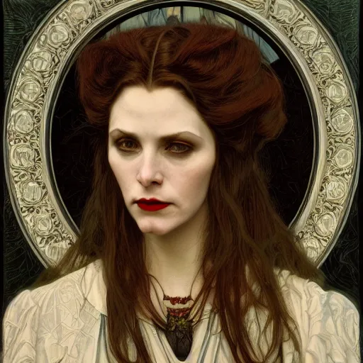 Image similar to portrait of a lady vampire, 35mm, victorian, depth of field, ominous, sharp, highly detailed, photorealistic, realistic, unreal 5, high definition, 8k, deviantart, donato giancola, irwin penn, ((Alphonse Mucha))