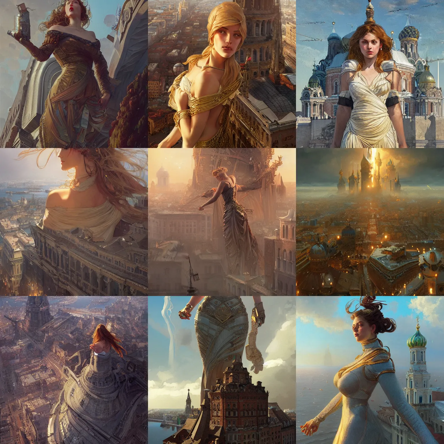 Prompt: giant colossus girl destroys saint - petersburg, high detail, 4 k, bird view, intricate, elegant, highly detailed, digital painting, artstation, concept art, smooth, sharp focus, illustration, art by artgerm and greg rutkowski and alphonse mucha