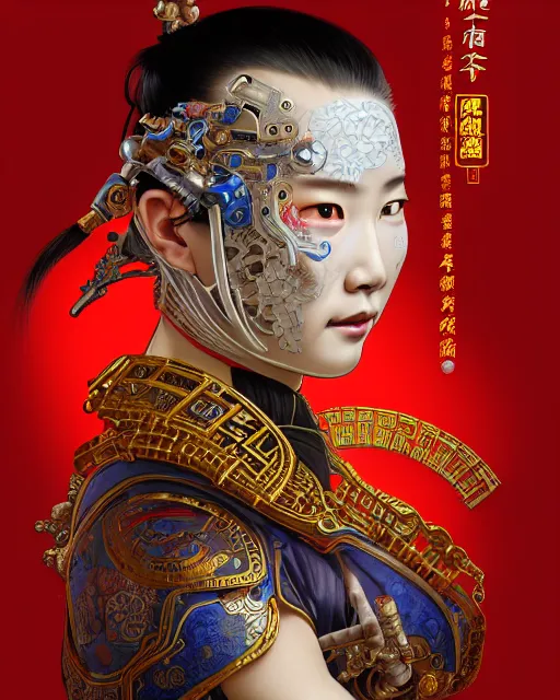 Image similar to portrait of a chinese cyberpunk machine, machine face, upper half portrait, decorated with chinese opera motifs, regal, asian, fine china, wuxia, traditional chinese art intricate intense elegant 京 剧 highly detailed digital painting artstation concept art smooth sharp focus illustration, art by artgerm and greg rutkowski alphonse mucha 8 k