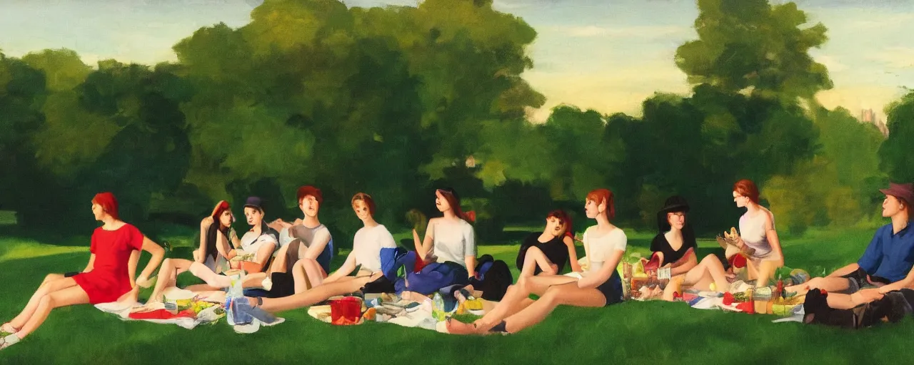 Prompt: a young generation z group of friends having a picnic in a central park manhattan new york on friday mid - summer of 2 0 2 2, in the style of an edward hopper painting