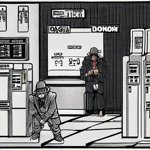 Prompt: a man inside of a gas station trying to buy a dinosaur, by kentaro miura