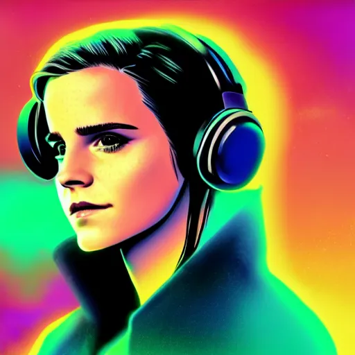 Image similar to synthwave emma watson wearing headphones, animated, trending on artstation, portrait