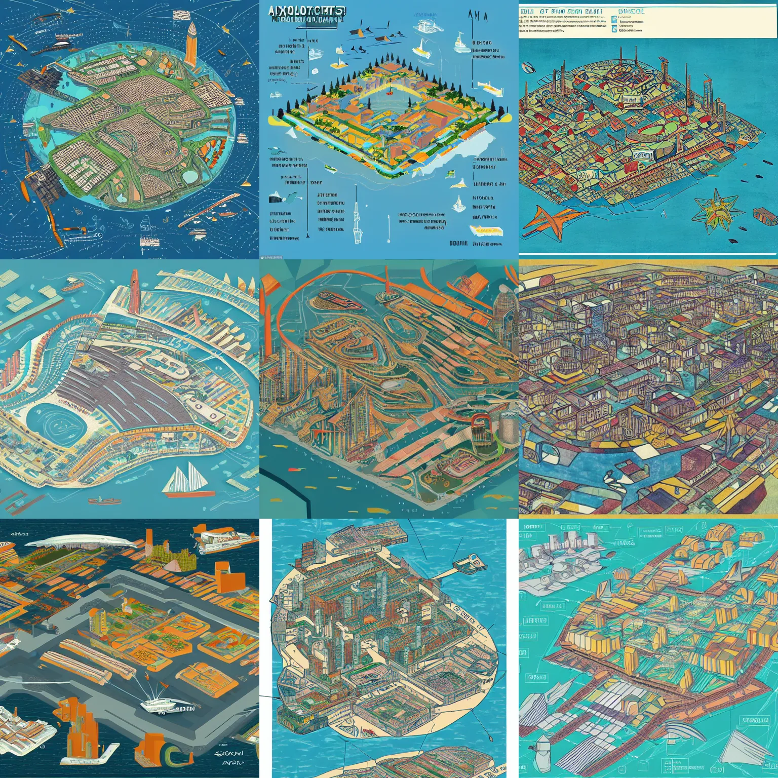 Prompt: an infographic map of a futuristic city located in an island surrounded by water with a few flying ships stationed around it, in the style of diego rivera schiele, full color, axonometric exploded view