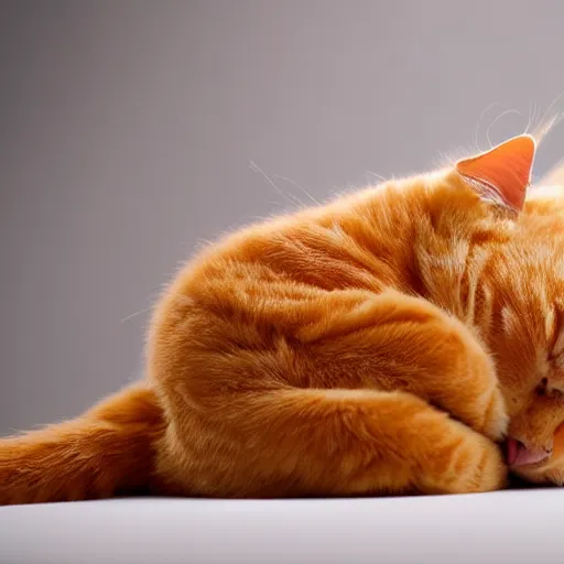 Prompt: a lazy and cute orange tabby cat cuddling studio lighting