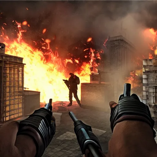 Image similar to second story building shot of John f Kennedy and Vladimir Putin standing back to back shooting hordes of black ops 2 zombies, epic, lots of lava and fire, very detailed faces