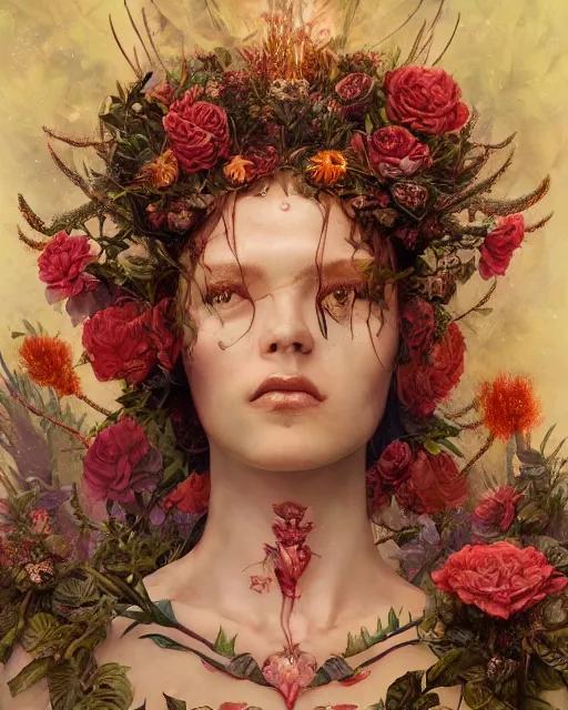 Image similar to portrait of the redskin queen of the underworld, surrounded by flowers by karol bak, james jean, tom bagshaw, rococo, sharp focus, trending on artstation, cinematic lighting, hyper realism, octane render, 8 k, hyper detailed.