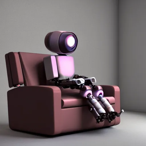 Image similar to futuristic studious matte brown and red full-body humanoid robot with two huge round expressive sad purple glowing LED eyes and open rectangular mouth sitting on a large comfortable cushioned 1950s vintage recliner reading a newspaper. open newspaper. Cinematic Movie Photograph, Arri Alexa, Extremely Detailed, smooth, very very clean, 8K, octane render, maya render, unreal engine, trending on artstation, DSLR, excellent composition, center frame