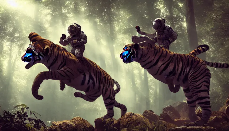 Image similar to american astronaut in the forest riding a bengal tiger, plants environment, wide angle, cinematic lighting, atmospheric, ultrarealistic, trending on artstation, cgsociety, highly detailed, color graded, in the style of craig mullins, rendered in Unreal Engine 4k HQ, shadow of the tomb rider