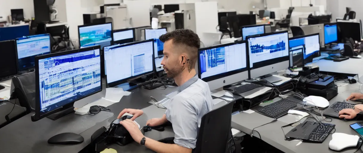 Image similar to a man at a desk with ten different computer monitors, his face flat on the keyboard, sound asleep