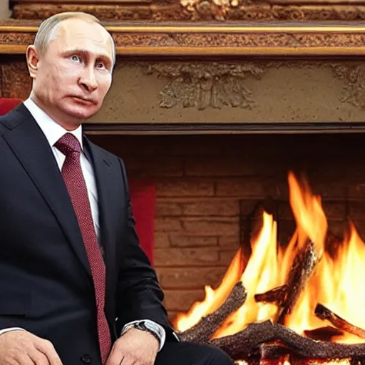 Image similar to vladimir putin in a waistcoat staring at a log fire photograph symmetric