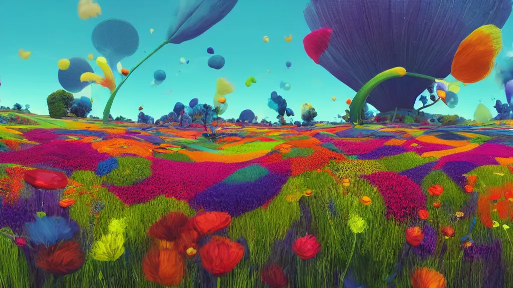 Prompt: first person perspective digital illustration of a field of vibrant megaflora by beeple and Dr. Seuss:1|flowers by Dr. Seuss, petals blowing in the breeze, colorful rolling hills of beautiful flowers, wide angle panoramic by Industrial Light and Magic, viewed from eye level:0.9|fantasy, cinematic:0.9|Unreal Engine, Octane, finalRender, devfiantArt, artstation, artstation HQ, behance, HD, 16k resolution:0.8