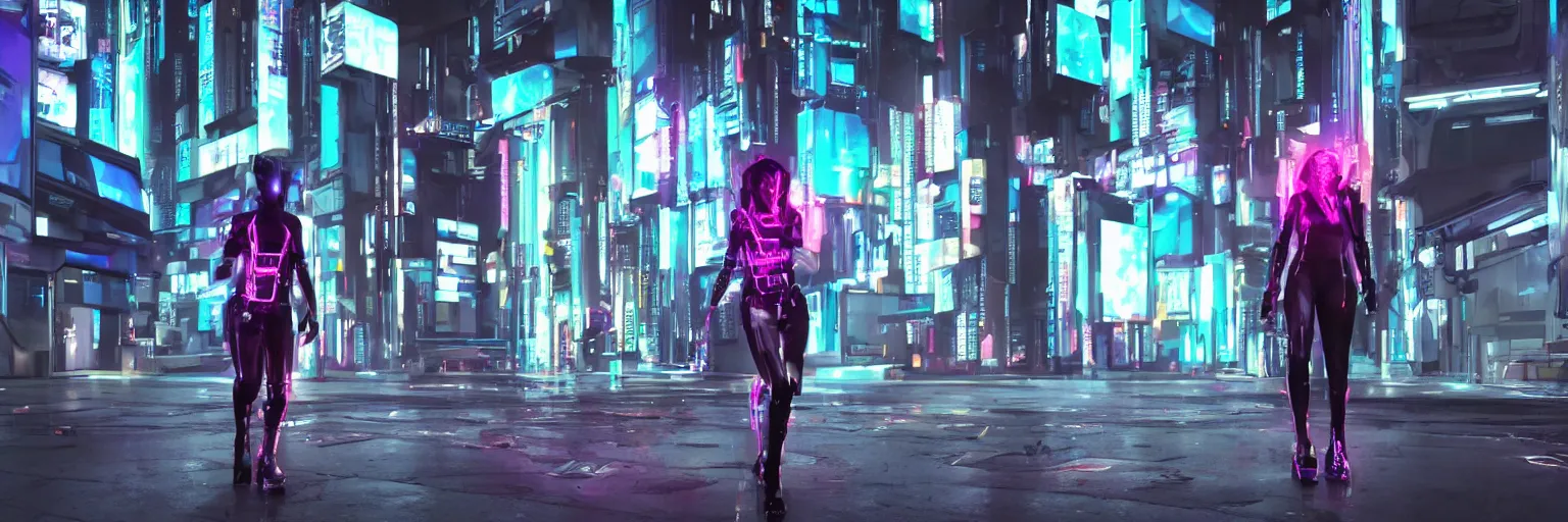 Image similar to a cyberpunk fashion girl wearing street urban futuristic cyberpunk clothing walking in a cyberpunk street inspired by ghost in the shell there are advertising holograms and neon signs in the street and a neon mecha robot with decals all over it, 3d scene, render, ultra realistic, ray tracing, night time, volumetric light, artstation, cgsociety, level design, unreal engine, 3d scene, zenith view