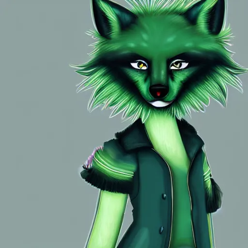 Image similar to Beautiful digital painting of an anthro anthropomorphic pastel-green androgynous wolf, Punk outfit. cute