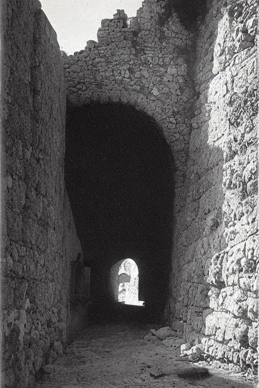 Prompt: a dark cave in the middle of an ordinary city, trogir golden hour 1 9 0 0 s photograph