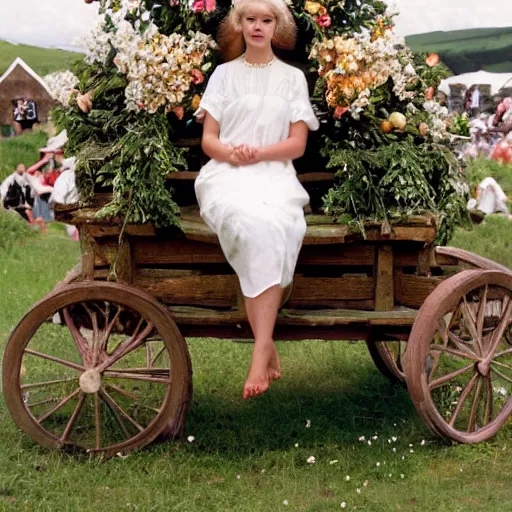 Prompt: a very beautiful young blonde woman dressed in a white christening gown and wearing a floral crown, sitting on the back of an apple cart surrounded flowers, at the festival of the wicker man in a small scottish village, photoreal, kodachrome film