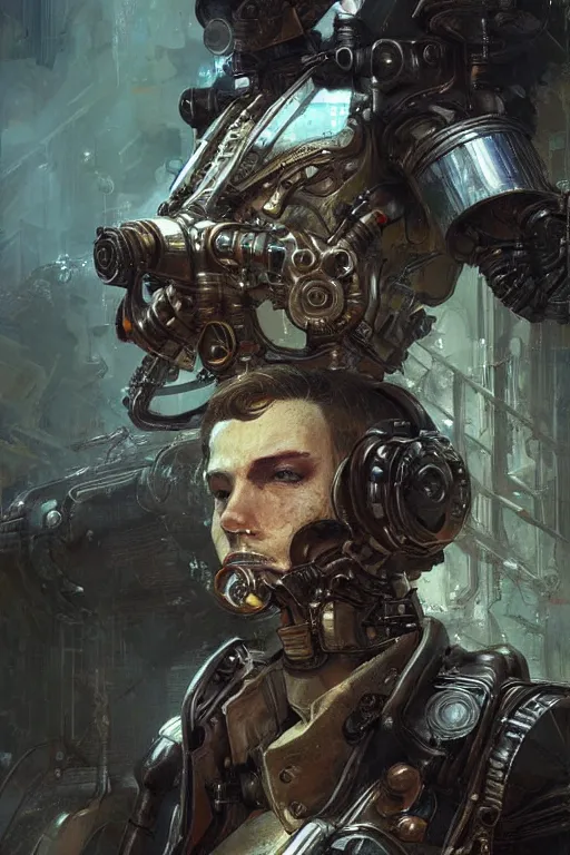 Image similar to a futuristic steampunk engineer with a cybernetic eyepatch, upper body, highly detailed, intricate, sharp details, dystopian mood, sci-fi character portrait by gaston bussiere, craig mullins