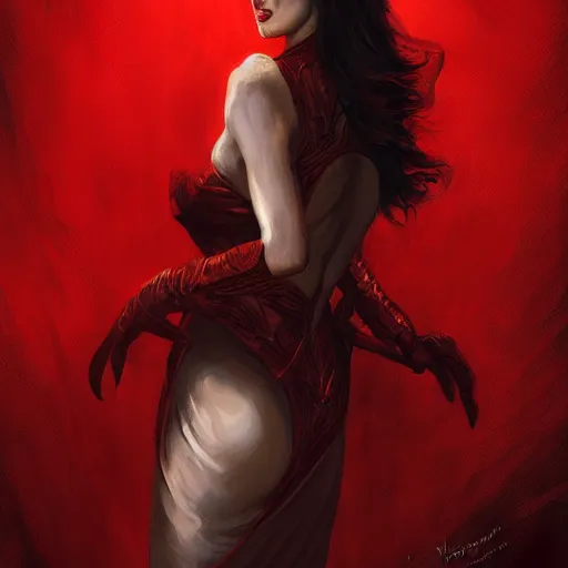 Prompt: portrait of jacqueline fernandez upper body in bloody business suit, blood red eyes, vampire fangs, fantasy, intricate, elegant, highly detailed, digital painting, artstation, concept art, matte, sharp focus, illustration, art by aenaluck and roberto ferri and greg rutkowski, epic fantasy, digital painting