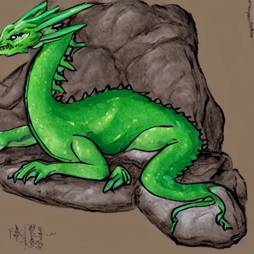 Prompt: an illustration of a western style green dragon sleeping on a rock