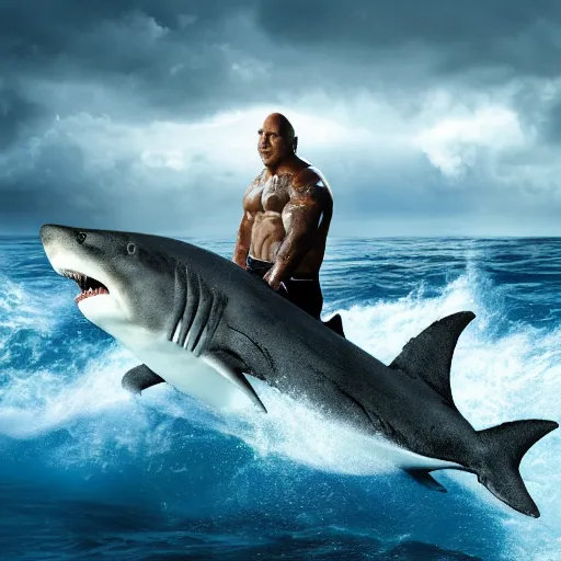 Image similar to photo!!!! of Dwayne Johnson riding a shark in the middle of the ocean, full shot, highly detailed face, highly detailed shark, 8k, cinematic, reflections, lightning