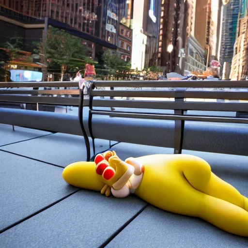 Prompt: Homer Simpson sleeping on a bench in New York city, 8k photo