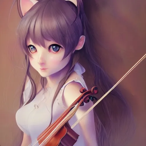 Image similar to Adorable Cat girl, Luminescent eyes, playing the violin, highly detailed, by Range Murata, artgerm, digital illustration, beautiful, concept art