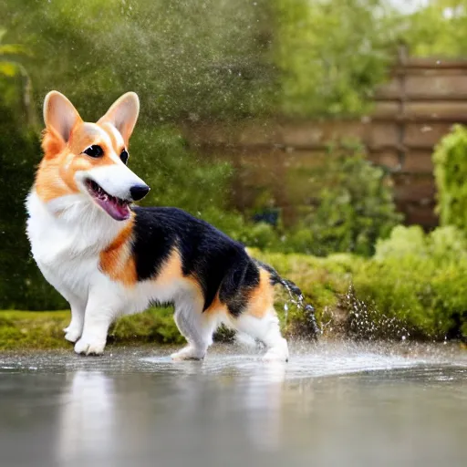 Prompt: Corgi splashing water around, outdoor photo, promo shoot, studio lighting