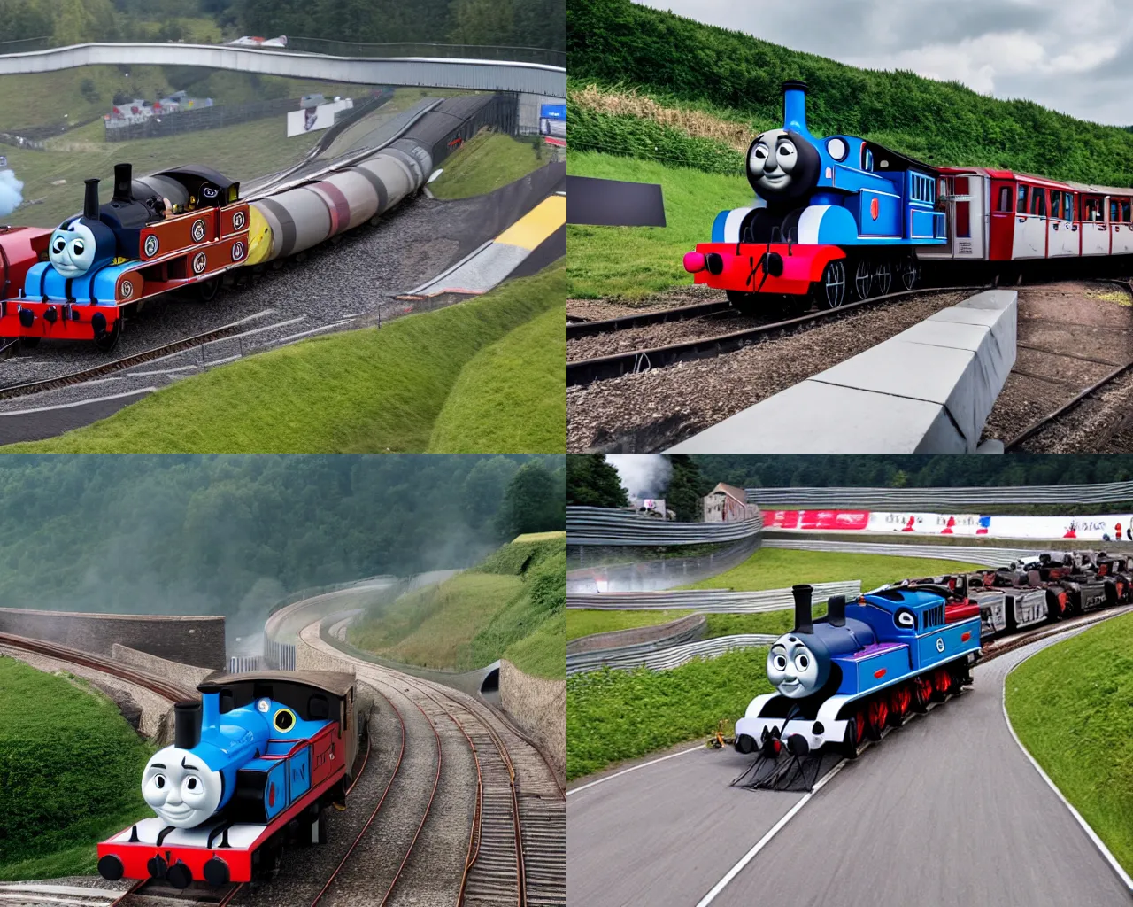 Prompt: Thomas the Tank Engine at the Nurburgring Nordschleife setting a hot lap with other sports cars