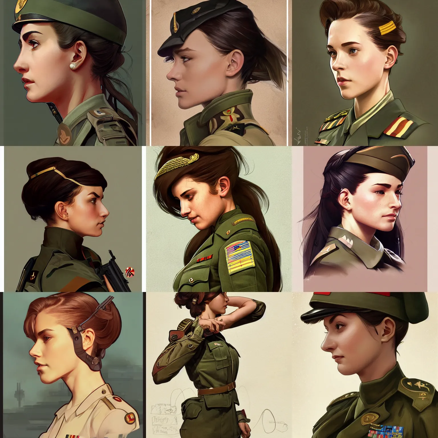 Prompt: female soldier wearing military uniform, hands in her hair. side-view, highly detailed, digital painting, artstation, concept art, smooth, sharp focus, illustration, art by artgerm and alphonse mucha, high definition digital art, in the style of Ross tran and ilya kuvshinov