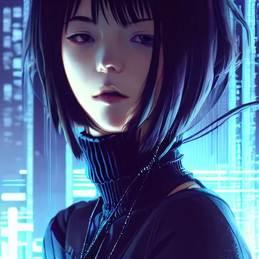 Image similar to by kyoto animation, cool girl wearing cyberpunk intricate streetwear, beautiful, detailed symmetrical close up portrait, intricate complexity, in the style of artgerm and ilya kuvshinov, cell shaded, 4 k, concept art, by wlop, krenz cushart, greg rutkowski, pixiv. cinematic dramatic atmosphere, cinematic lighting, studio quality