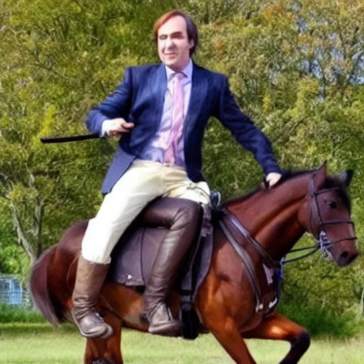 Prompt: saul goodman riding a pony.