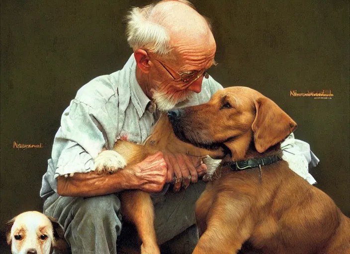 Image similar to high quality high detail painting by norman rockwell, hd, old man with is dog, muted pastel colors, photorealistic lighting