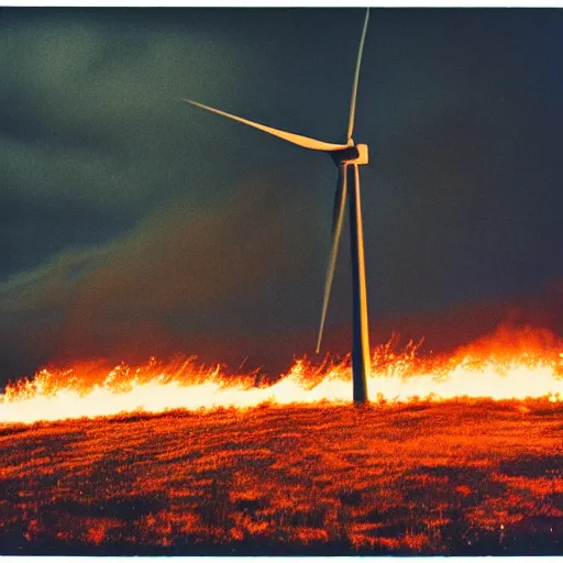 Prompt: analog photograph of a wind turbine on fire, big smoke clouds visible, sparks, film grain, depth of field, bokeh