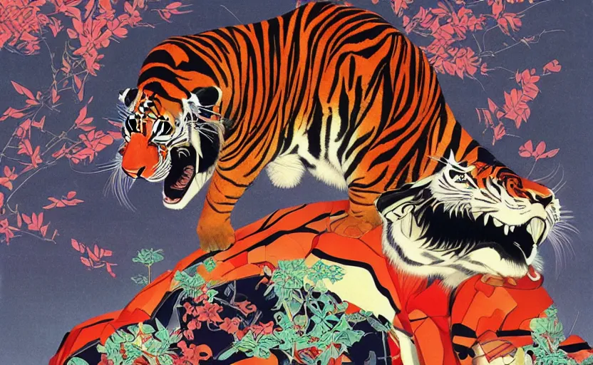 Prompt: a red delorean and yellow tiger, art by hsiao - ron cheng and utagawa kunisada, magazine collage, no humans, # de 9 5 f 0