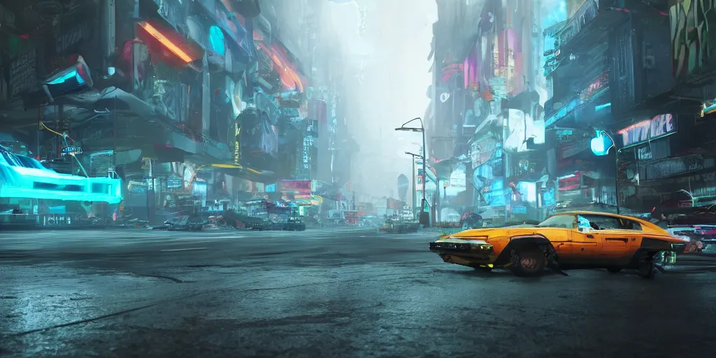 Image similar to a 3 d rendered in unreal engine guatemalan cyberpunk city with flying cars with neon ads and signs with evocative dramatic mood with blade runner vibe with cars and floating vehicles with motion blur with depth of field with bloom with lightshaft with volumetric lights, fog, by jeremy mann, oscar winning graphics, photo realistic, bloom, imax, dynamic lighting, artstation,