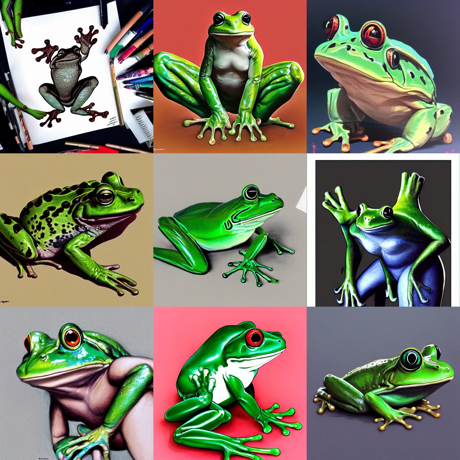 sprite sheet of a frog jumping, isometric view, 3D